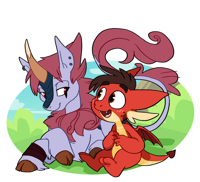 Size: 650x592 | Tagged: safe, artist:sburbox, derpibooru import, dragon, kirin, crossover, cute, dragonified, duo, ear piercing, gay, happy, kirinified, looking at each other, male, marco diaz, piercing, shipping, simple background, sitting, species swap, star vs the forces of evil, tom lucitor, transparent background