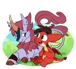 Size: 650x592 | Tagged: safe, artist:sburbox, derpibooru import, dragon, kirin, crossover, cute, dragonified, duo, ear piercing, gay, happy, kirinified, looking at each other, male, marco diaz, piercing, shipping, simple background, sitting, species swap, star vs the forces of evil, tom lucitor, transparent background