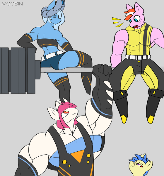 Size: 2800x3000 | Tagged: anthro, anthro oc, armpits, artist:mopyr, barbell, clothes, croptop, derpibooru import, femboy, gloves, group, group shot, hybrid, lifting, male, muscles, oc, oc:camilia, oc:fort, oc:moosin, oc:oree, original species, outfit, safe, short jeans, skintight clothes, socks, stockings, strong, thigh highs, unofficial characters only