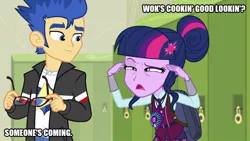 Size: 800x450 | Tagged: safe, derpibooru import, edit, edited screencap, screencap, flash sentry, sci-twi, twilight sparkle, equestria girls, friendship games, caption, china, chinese food, chinese text, clothes, cooking, female, glasses, hank williams, image macro, jacket, male, narrowed eyes, not racist, shirt, stephen yan, t-shirt, teenager, text, wok, wok with yan