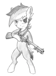 Size: 1046x1414 | Tagged: safe, artist:spackle, derpibooru import, oc, oc:buck evergreen, unofficial characters only, earth pony, pony, 12 gauge, bandana, bipedal, grayscale, gun, hoof hold, male, monochrome, mossberg 590a1, pencil drawing, shotgun, simple background, solo, stallion, traditional art, weapon, white background, who needs trigger fingers