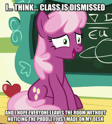 Size: 960x1064 | Tagged: safe, derpibooru import, edit, edited screencap, screencap, cheerilee, earth pony, pony, the last crusade, adorable distress, animated, caption, chalkboard, cheeribetes, cropped, cute, female, gif, grin, image macro, implied wetting, mare, nervous, nervous grin, scared, smiling, solo, text