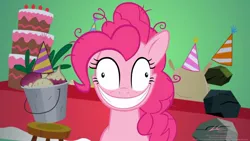 Size: 1192x670 | Tagged: safe, derpibooru import, madame le flour, mr. turnip, pinkie pie, rocky, sir lintsalot, earth pony, pony, crazy face, faic, female, grin, insanity, mare, smiling