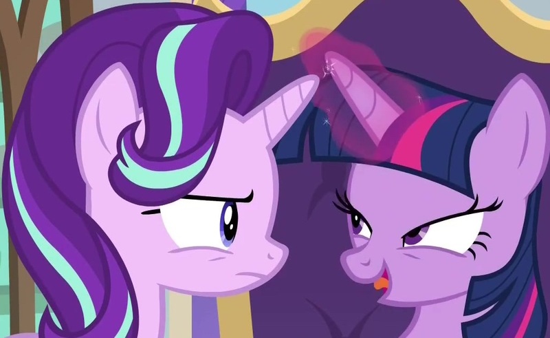 Size: 1027x630 | Tagged: safe, derpibooru import, screencap, starlight glimmer, twilight sparkle, twilight sparkle (alicorn), alicorn, pony, unicorn, the beginning of the end, cropped, duo, female, frown, lidded eyes, looking at each other, magic, mare, open mouth, out of context, smiling