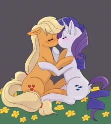 Size: 2448x2738 | Tagged: safe, artist:haibaratomoe, derpibooru import, applejack, rarity, earth pony, pony, unicorn, blushing, cute, dock, eyes closed, female, jackabetes, kissing, lesbian, mare, raribetes, rarijack, shipping, sitting