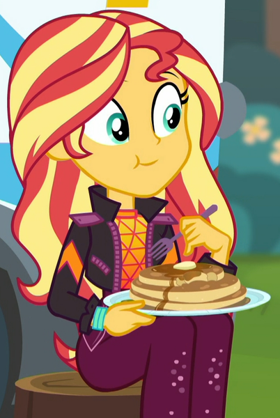 Size: 625x932 | Tagged: safe, derpibooru import, screencap, sunset shimmer, equestria girls, equestria girls series, wake up!, spoiler:choose your own ending (season 2), spoiler:eqg series (season 2), breakfast, butter, cropped, cute, eating, female, food, fork, pancakes, plate, shimmerbetes, sitting, solo, syrup, tree stump, wake up!: applejack