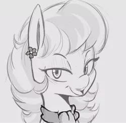 Size: 969x940 | Tagged: safe, artist:tre, derpibooru import, aunt holiday, earth pony, pony, clothes, cute, female, gray background, grayscale, mare, monochrome, scarf, simple background, solo