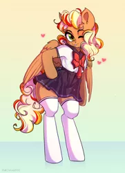 Size: 1564x2160 | Tagged: artist:yukomaussi, bipedal, clothes, cute, derpibooru import, female, heart, hoof on hip, looking at you, mare, miniskirt, moe, oc, oc:cheese breeze, one eye closed, pegasus, safe, semi-anthro, simple background, skirt, socks, solo, thigh highs, unofficial characters only, wink, zettai ryouiki