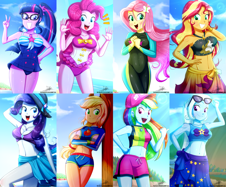 Size: 3280x2720 | Tagged: safe, artist:the-butch-x, derpibooru import, edit, part of a set, applejack, fluttershy, pinkie pie, rainbow dash, rarity, sci-twi, sunset shimmer, trixie, twilight sparkle, bat pony, equestria girls, equestria girls series, forgotten friendship, adorasexy, adorkable, applejack's hat, armpits, attached skirt, bare shoulders, beach, beach babe, beautiful, beautisexy, belly button, big breasts, bikini, bikini babe, blue swimsuit, blushing, bow swimsuit, breasts, busty applejack, busty fluttershy, busty rarity, busty sci-twi, busty sunset shimmer, busty twilight sparkle, cap, cleavage, clothes, cloud, collage, commission, cowboy hat, crepuscular rays, crossed legs, cute, dashabetes, diapinkes, diatrixes, diving suit, dork, female, flutterbat, freckles, frilled swimsuit, geode of shielding, geode of super speed, geode of super strength, geode of telekinesis, glasses, grin, hand on hip, happy, hat, jewelry, lens flare, looking at you, magical geodes, midriff, necklace, one-piece swimsuit, open mouth, peace sign, pink swimsuit, ponytail, pretty, race swap, raribetes, sarong, sexy, shimmerbetes, shorts, shyabetes, signature, skirt, sky, smiling, speedpaint available, stetson, striped swimsuit, stupid sexy fluttershy, stupid sexy rainbow dash, stupid sexy rarity, summer sunset, sun hat, sunglasses, swimsuit, thighs, tricolor swimsuit, twiabetes, underass, wall of tags, wetsuit