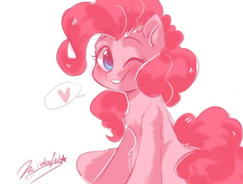 Size: 982x742 | Tagged: safe, artist:colorfulcolor233, derpibooru import, pinkie pie, earth pony, pony, blushing, chest fluff, cute, diapinkes, female, heart, leg fluff, looking at you, mare, one eye closed, pink, simple background, sitting, smiling, solo, white background, wink