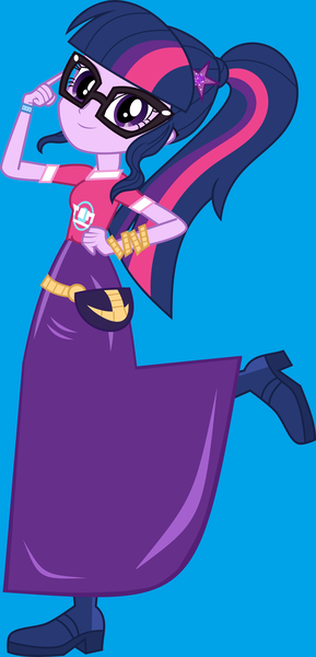 Size: 4345x9008 | Tagged: safe, artist:starman1999, derpibooru import, sci-twi, twilight sparkle, equestria girls, equestria girls series, festival filters, spoiler:eqg series (season 2), blue background, boots, clothes, cute, fanny pack, glasses, long skirt, looking at you, ponytail, raised leg, shoes, simple background, skirt, twiabetes
