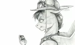 Size: 1400x845 | Tagged: safe, artist:baron engel, derpibooru import, oc, oc:squall, pegasus, pony, bowler hat, clothes, feather, female, goggles, hat, hoof hold, mare, monochrome, pencil drawing, pottery, simple background, solo, story included, traditional art, vest, white background