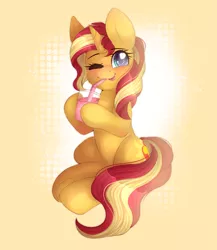 Size: 2609x3000 | Tagged: safe, artist:adostume, derpibooru import, sunset shimmer, pony, unicorn, :p, blushing, cheek fluff, cute, drink, female, hoof hold, mare, one eye closed, shimmerbetes, sitting, solo, straw, tongue out, wink
