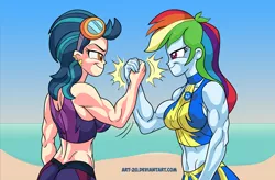 Size: 1379x906 | Tagged: safe, artist:art-2u, derpibooru import, indigo zap, rainbow dash, equestria girls, beach, breasts, busty indigo zap, busty rainbow dash, duo, glasses, handshake, indigo max, muscles, predator (franchise), rainbuff dash, reference