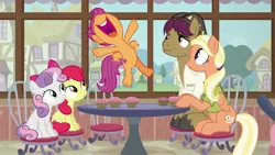 Size: 1920x1080 | Tagged: safe, derpibooru import, screencap, apple bloom, mane allgood, scootaloo, snap shutter, sweetie belle, earth pony, pegasus, pony, unicorn, the last crusade, chair, clothes, cupcake, cutie mark, cutie mark crusaders, excited, female, filly, foal, food, happy, hat, it happened, male, mare, shirt, smiling, stallion, table, the cmc's cutie marks, yay