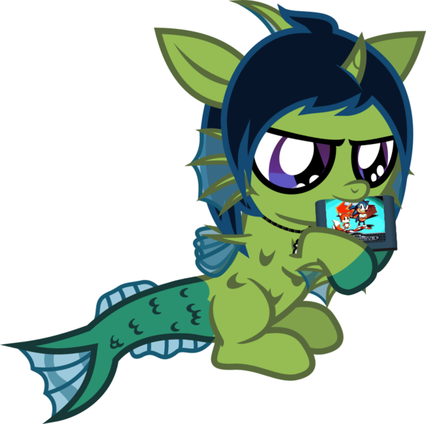 Size: 884x879 | Tagged: safe, artist:lightningbolt, derpibooru import, oc, oc:demon hellspawn, unofficial characters only, half-siren, hybrid, .svg available, angry, baby, biting, chewing, colt, curved horn, eating, fangs, fins, fish tail, hoof hold, horn, image, interspecies offspring, jewelry, leviathan cross, magical gay spawn, male, miles "tails" prower, necklace, offspring, scales, sega mega drive, simple background, sitting, slit eyes, solo, sonic the hedgehog, sonic the hedgehog (series), sonic the hedgehog 2, svg, transparent background, vector