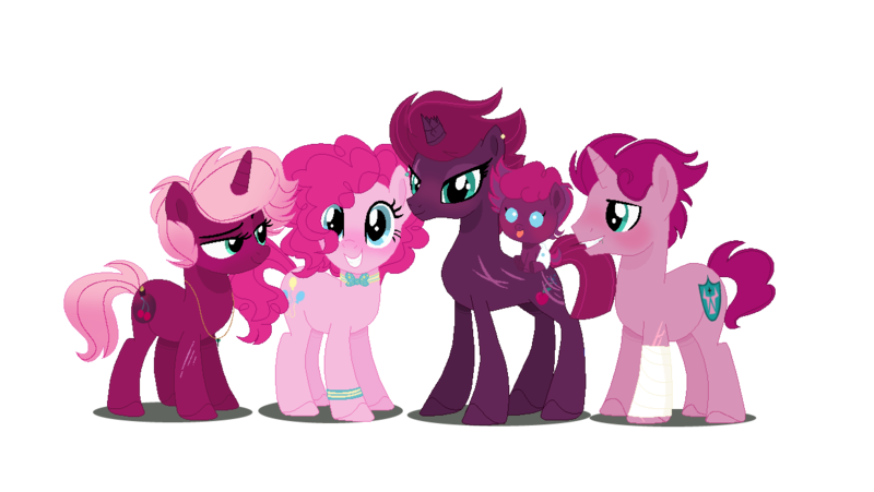 Size: 1232x694 | Tagged: safe, artist:qucels, derpibooru import, pinkie pie, tempest shadow, oc, earth pony, pony, unicorn, baby, baby pony, bandage, base used, bowtie, broken horn, colt, eye scar, family, female, foal, horn, lesbian, magical lesbian spawn, male, mare, offspring, parent:pinkie pie, parent:tempest shadow, parents:tempestpie, scar, shipping, stallion, tempestpie