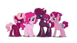 Size: 1232x694 | Tagged: safe, artist:qucels, derpibooru import, pinkie pie, tempest shadow, oc, earth pony, pony, unicorn, baby, baby pony, bandage, base used, bowtie, broken horn, colt, eye scar, family, female, foal, horn, lesbian, magical lesbian spawn, male, mare, offspring, parent:pinkie pie, parent:tempest shadow, parents:tempestpie, scar, shipping, stallion, tempestpie