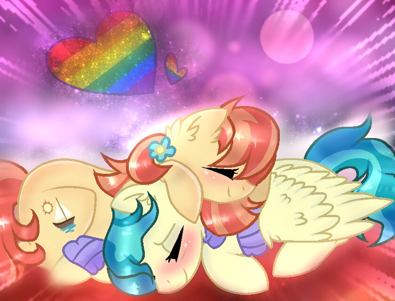 Size: 840x639 | Tagged: safe, artist:doraeartdreams-aspy, derpibooru import, aunt holiday, auntie lofty, pony, the last crusade, base used, female, heart, hug, lesbian, lofty day, pride, pride flag, pride flag heart, shipping