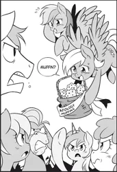 Size: 539x788 | Tagged: safe, artist:nekoshiei, derpibooru import, seven seas, cranky doodle donkey, derpy hooves, lyra heartstrings, rainbow dash, donkey, pegasus, pony, unicorn, my little pony: the manga, my little pony: the manga volume 1, spoiler:manga, spoiler:manga1, angry, embarrassed, female, food, male, mare, monochrome, muffin, stallion