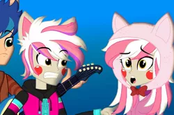 Size: 1080x716 | Tagged: safe, artist:galacticflashd, derpibooru import, oc, oc:cece lilith, oc:dylan rapid, oc:foxy elspet, unofficial characters only, equestria girls, guitar, musical instrument, not flash sentry, rule 63, self paradox