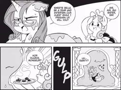 Size: 914x675 | Tagged: safe, derpibooru import, seven seas, rarity, smooze, sweetie belle, pony, unicorn, my little pony: the manga, my little pony: the manga volume 1, spoiler:manga, spoiler:manga1, bad cooking, blushing, clothes, comic, cooking, dialogue, eaten alive, female, filly, food, glasses, maid, male, mare, monochrome, salute, sweetie belle can't cook, sweetie fail, vore, wide eyes