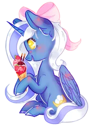 Size: 652x876 | Tagged: adorabelle, alicorn, alicorn oc, artist:rednineuwu, bow, cute, derpibooru import, female, food, hair bow, horn, ice cream, ice cream cone, mare, oc, oc:fleurbelle, safe, strawberry, wings