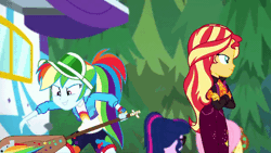 Size: 640x360 | Tagged: safe, derpibooru import, screencap, fluttershy, rainbow dash, sci-twi, sunset shimmer, twilight sparkle, equestria girls, equestria girls series, sunset's backstage pass!, spoiler:eqg series (season 2), accidental spanking, animated, duo, duo female, female, gif, music festival outfit, out of context, paddle, rainbow dash's paddle, rv, spanking, you know for kids