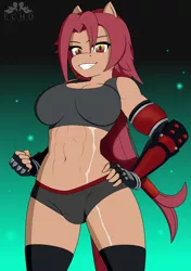 Size: 2400x3400 | Tagged: abs, alternate version, anthro, artist:ponyecho, black underwear, breasts, clothes, derpibooru import, female, fingerless gloves, gloves, high res, looking at you, muscles, oc, oc:nell clearfield, offscreen character, panties, pov, raider, safe, scar, smiling, socks, solo, thigh highs, underwear