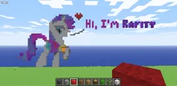 Size: 1000x486 | Tagged: artist needed, safe, derpibooru import, rarity, pony, unicorn, crossover, game screencap, heart, minecraft, minecraft pixel art, pixel art, raised hoof, speech, talking