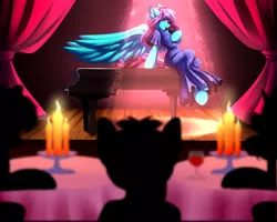 Size: 5555x4444 | Tagged: absurd resolution, artist:airiniblock, audience, candle, clothes, commission, derpibooru import, dress, fire, glass, large wings, musical instrument, oc, oc:swing time, pegasus, piano, rcf community, safe, semi-anthro, silhouette, sitting, spotlight, stage, table, unofficial characters only, wine glass, wings