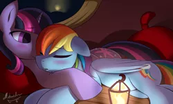 Size: 2833x1700 | Tagged: safe, artist:mricantdraw, derpibooru import, rainbow dash, twilight sparkle, pegasus, pony, unicorn, blushing, cuddling, eyes closed, female, floppy ears, lantern, lesbian, mare, my little pony, prone, shipping, snuggling, twidash