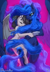 Size: 910x1300 | Tagged: suggestive, alternate version, artist:atryl, derpibooru import, princess luna, oc, oc:titty sprinkles, alicorn, anthro, bat pony, unguligrade anthro, anthro oc, bat pony oc, bat wings, bracelet, breasts, busty princess luna, canon x oc, clothes, commission, constellation, corset, cuddling, ethereal mane, eyes closed, female, galaxy mane, godiva hair, jewelry, mare, nudity, patreon, patreon logo, smiling, socks, strategically covered, thigh highs, wings