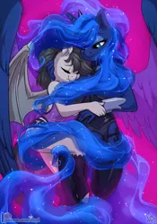 Size: 910x1300 | Tagged: suggestive, alternate version, artist:atryl, derpibooru import, princess luna, oc, oc:titty sprinkles, alicorn, anthro, bat pony, unguligrade anthro, anthro oc, bat pony oc, bat wings, bracelet, breasts, busty princess luna, canon x oc, clothes, commission, constellation, corset, cuddling, ethereal mane, eyes closed, female, galaxy mane, garter belt, jewelry, lingerie, mare, patreon, patreon logo, smiling, socks, stockings, thigh highs, wings