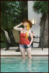 Size: 3456x5184 | Tagged: absurd file size, applejack, armpits, artist:krazykari, clothes, cosplay, costume, derpibooru import, human, irl, irl human, photo, safe, sleeveless, solo, swimming pool