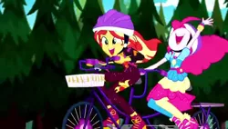 Size: 848x480 | Tagged: safe, derpibooru import, screencap, pinkie pie, sunset shimmer, equestria girls, equestria girls series, sunset's backstage pass!, spoiler:eqg series (season 2), music festival outfit, tandem