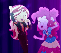 Size: 556x480 | Tagged: safe, derpibooru import, screencap, pinkie pie, sunset shimmer, equestria girls, equestria girls series, sunset's backstage pass!, spoiler:eqg series (season 2), animated, cropped, cute, dancing, diapinkes, duo, duo female, female, geode of empathy, geode of sugar bombs, gif, happy, magical geodes, music festival outfit, shimmerbetes, smiling