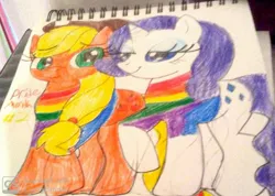 Size: 1118x798 | Tagged: safe, artist:kadiandsonic, derpibooru import, applejack, rarity, earth pony, pony, unicorn, cute, female, jackabetes, lesbian, pride, pride month, raribetes, rarijack, shipping, traditional art