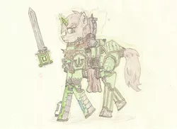 Size: 1885x1371 | Tagged: safe, artist:infinita est lux solis, derpibooru import, oc, oc:littlepip, unofficial characters only, cyborg, pony, unicorn, fallout equestria, fanfic, bolt pistol, fanfic art, female, glowing horn, hooves, horn, iron halo, levitation, magic, mare, pipbuck, power sword, primarch, roboute guilliman, simple background, solo, space marine, story included, telekinesis, ultramarine, warhammer (game), warhammer 40k, white background