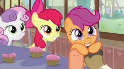 Size: 1920x1080 | Tagged: safe, derpibooru import, screencap, apple bloom, mane allgood, scootaloo, snap shutter, sweetie belle, earth pony, pegasus, pony, unicorn, the last crusade, cupcake, cute, cutealoo, cutie mark crusaders, female, filly, foal, food, hooves, male