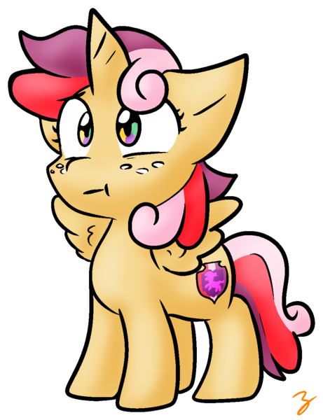 Size: 1016x1321 | Tagged: safe, artist:zutcha, derpibooru import, apple bloom, scootaloo, sweetie belle, alicorn, chimera, pony, cutie mark crusaders, female, filly, freckles, fusion, simple background, solo, the ultimate cutie mark crusader, this will end in tears and/or death and/or covered in tree sap, transparent background