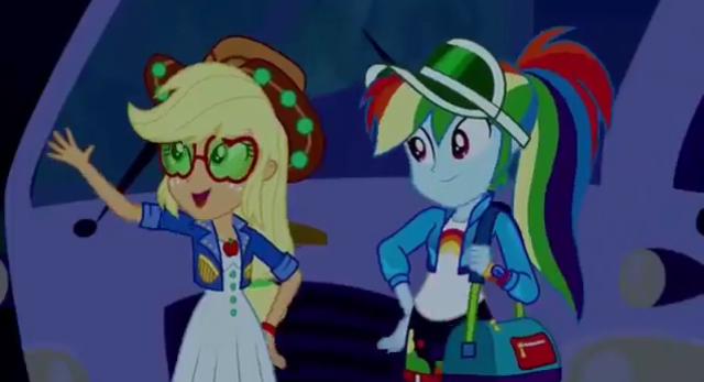 Size: 640x347 | Tagged: safe, derpibooru import, screencap, applejack, rainbow dash, equestria girls, equestria girls series, sunset's backstage pass!, spoiler:eqg series (season 2), music festival outfit