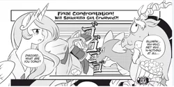 Size: 1249x626 | Tagged: safe, artist:nekoshiei, derpibooru import, seven seas, discord, princess celestia, spike, alicorn, draconequus, pony, my little pony: the manga, my little pony: the manga volume 1, spoiler:manga, spoiler:manga1, food, jojo's bizarre adventure, menacing, monochrome, popcorn, spikezilla, ゴ ゴ ゴ