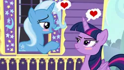 Size: 1192x670 | Tagged: safe, artist:themexicanpunisher, derpibooru import, edit, edited screencap, screencap, trixie, twilight sparkle, twilight sparkle (alicorn), alicorn, pony, to where and back again, blush sticker, blushing, female, heart, lesbian, shipping, trixie's wagon, twixie