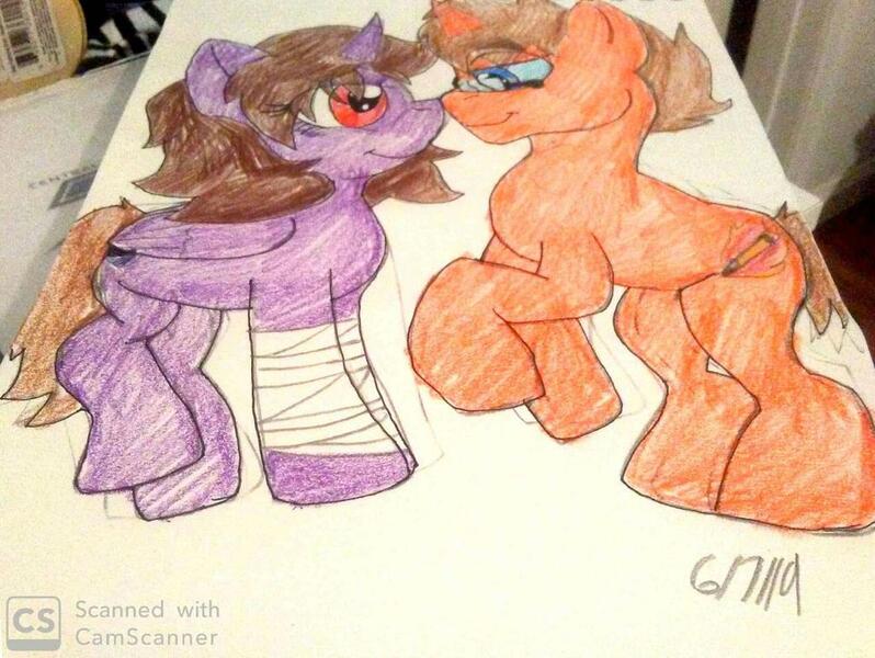 Size: 1024x770 | Tagged: safe, artist:kadiandsonic, derpibooru import, oc, oc:dark girl, oc:kodi, ponified, alicorn, earth pony, pony, alicornified, non-mlp oc, oc x oc, race swap, rule 63, shipping, traditional art