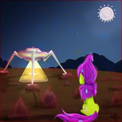 Size: 1447x1447 | Tagged: safe, artist:overlord pony, derpibooru import, oc, oc:nuclear blossom, unofficial characters only, pony, unicorn, desert, drugs, lsd, moon, sitting, solo, spaceship, ufo
