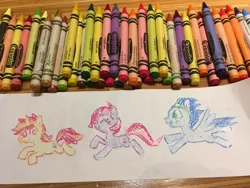 Size: 2048x1536 | Tagged: safe, artist:dawnfire, derpibooru import, oc, pegasus, pony, unicorn, crayon drawing, running, traditional art, trio