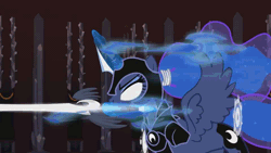 Size: 960x540 | Tagged: safe, artist:sillyfillystudios, derpibooru import, princess luna, alicorn, pony, fall of the crystal empire, animated, badass, female, gif, glowing eyes, glowing horn, horn, magic, solo, spread wings, sword, warrior luna, weapon, wings, youtube link