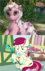 Size: 864x1344 | Tagged: safe, derpibooru import, screencap, roseluck, earth pony, pony, unicorn, unicorn filly, student counsel, comparison, female, filly (filly funtasia), filly funtasia, flower, flower in hair, glue, image, mare, png, raised eyebrow, rose, rose (filly funtasia), solo, spoiler for another series, the blue rainbow (filly funtasia)