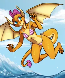 Size: 1058x1280 | Tagged: anthro, armpits, artist:milk_jerboa, bikini, breasts, claws, clothes, delicious flat chest, derpibooru import, dragon, dragoness, female, flying, horns, looking to side, ocean, outdoors, safe, signature, smiling, smirk, smolder, smugder, solo, spread wings, stupid sexy smolder, summer, swimsuit, teenaged dragon, teenager, water, wings